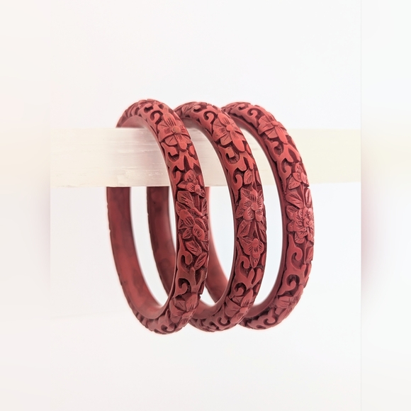 Vintage/Estate Red Carved Chinese Cinnabar Bangle Bracelets; Set of 3 - Picture 1 of 13